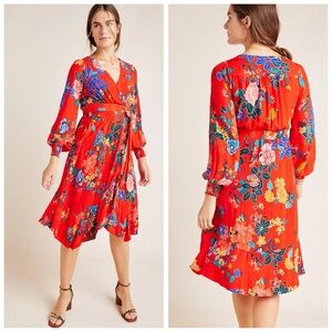 Anthropologie Boswell Red Floral Textured Wrap Tunic Midi Dress Sz 8